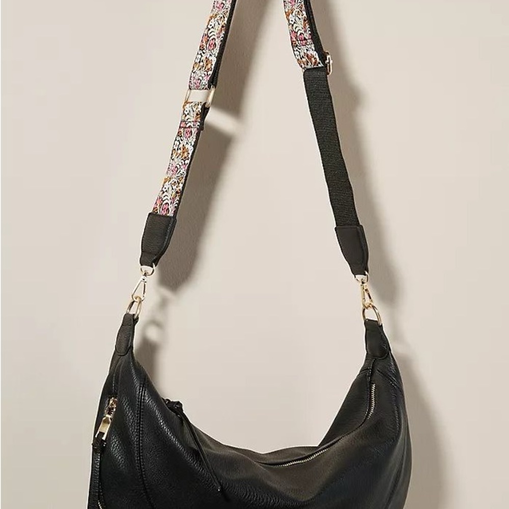 Anthropologie Black Crossbody Bag with Floral Strap